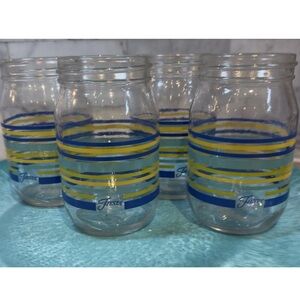Fiesta Stripes Mason Jar Drinking Glasses Blue Yellow Aqua Fiesta Logo Set of 4